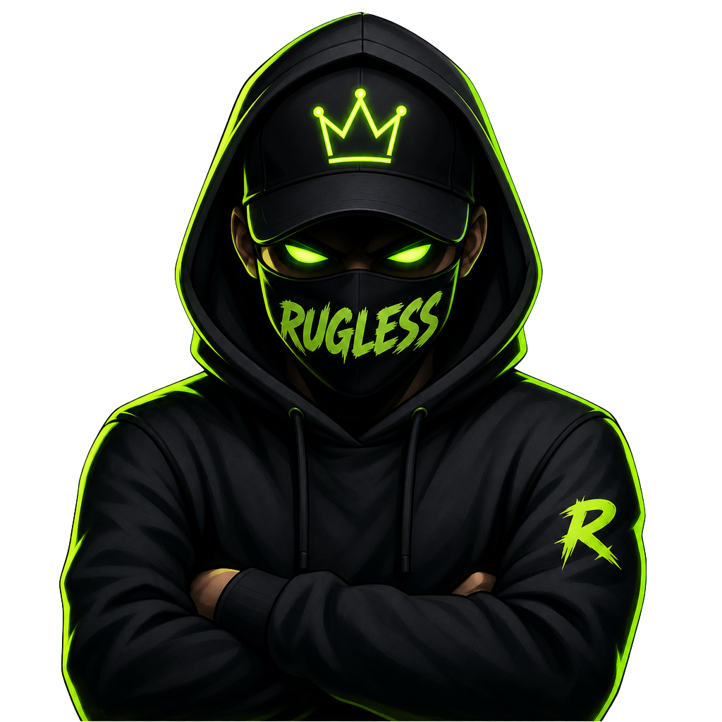 Portrait of the RUGLESS mascot with arms crossed and a RUGLESS face mask