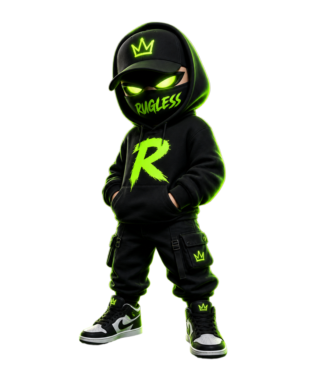 RUGLESS mascot standing on a torn rug in black streetwear with glowing neon green eyes