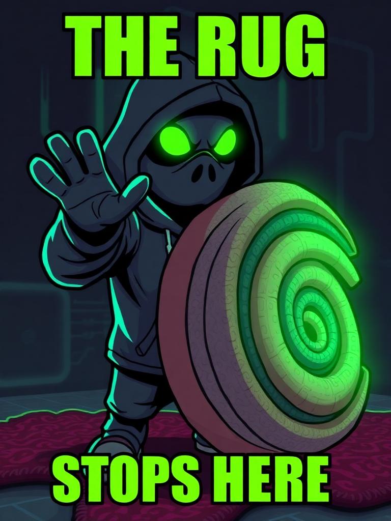 RUGLESS meme: mascot blocking a rolled rug with the caption THE RUG STOPS HERE