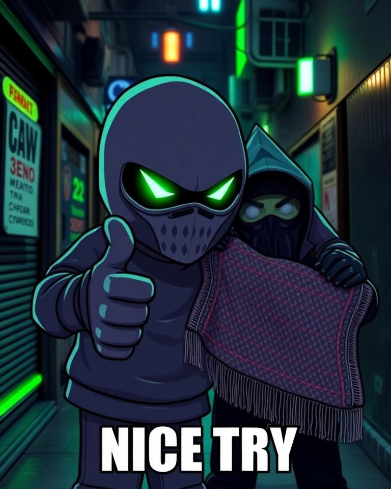 RUGLESS meme: mascot giving a thumbs down to a rug seller