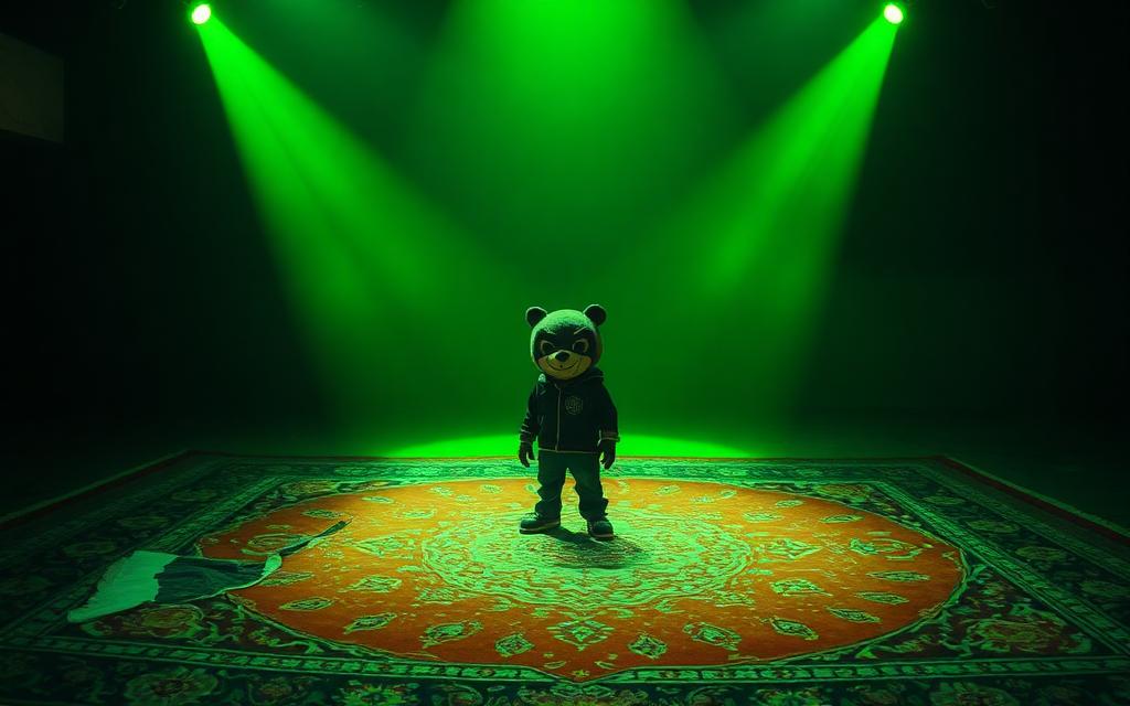RUGLESS meme: mascot in a green spotlight on a torn rug